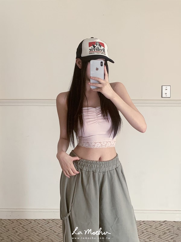 桃心領蕾絲鬆緊背心(罩杯可拆)